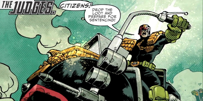 Judge Dredd from The Judges on a motorcycle