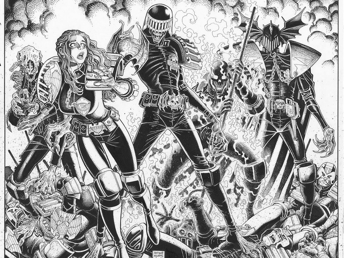Judge Dredd and allies fighting undead creatures