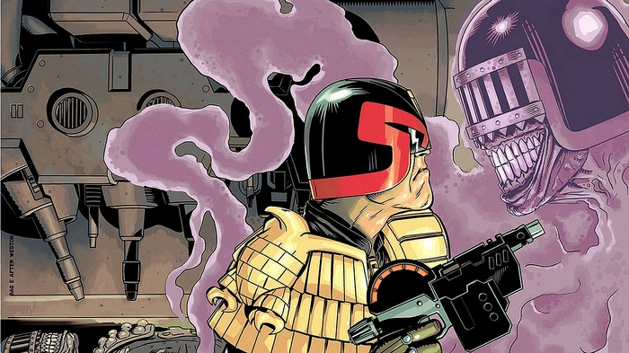 Judge Dredd facing a monstrous figure
