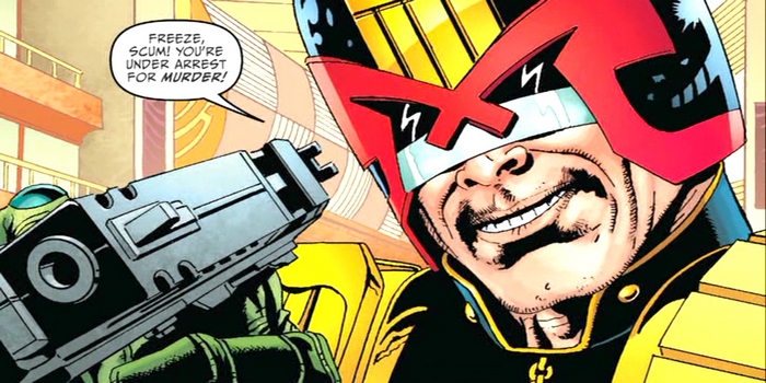 Judge Dredd holding a gun and arresting someone