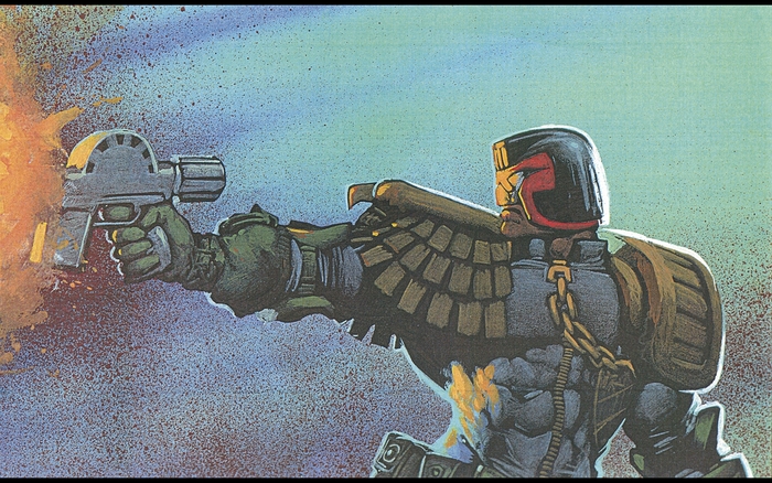 Judge Dredd firing his Lawgiver
