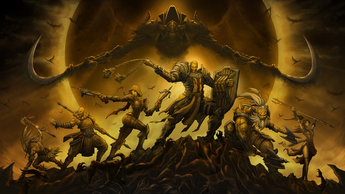 Diablo III characters fighting a demon lord