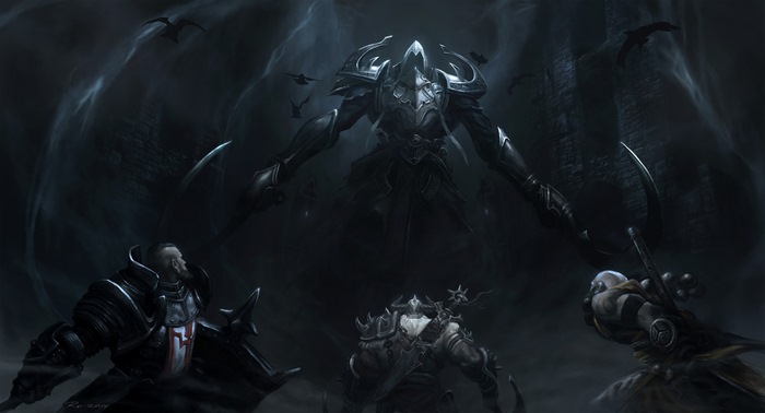 Diablo III Barbarian facing a shadowy demon