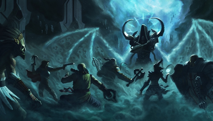 Diablo III Barbarian and allies facing a dark entity