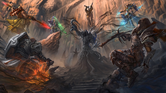 Diablo III characters in a rocky cavern