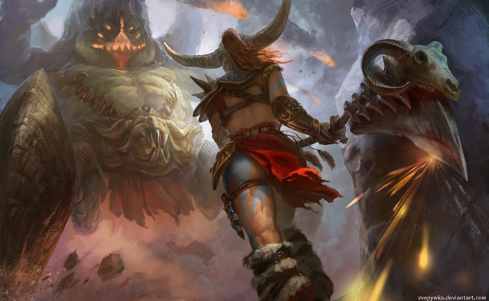 Barbarian from Diablo III fighting a monster