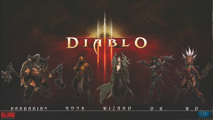 Diablo III classes: Barbarian, Monk, Wizard, Demon Hunter, Witch Doctor