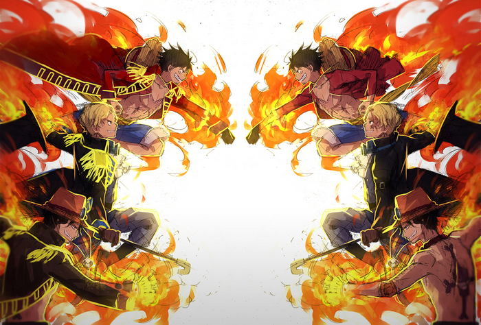 Luffy, Sabo, and Ace from One Piece with fire