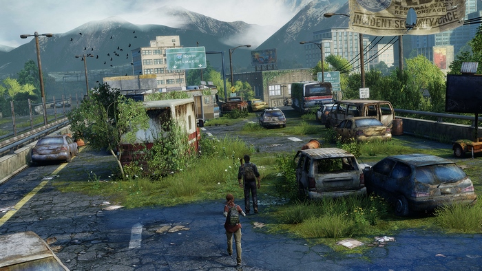 Ellie and Joel from The Last of Us in a post-apocalyptic city