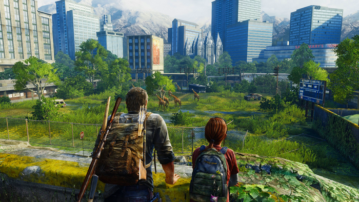 Ellie and Joel from The Last of Us in a city