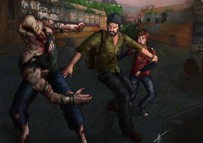 Joel and Ellie fighting a Clicker from The Last of Us