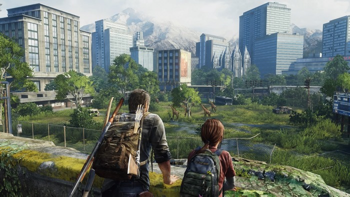 Ellie and Joel from The Last of Us in a city
