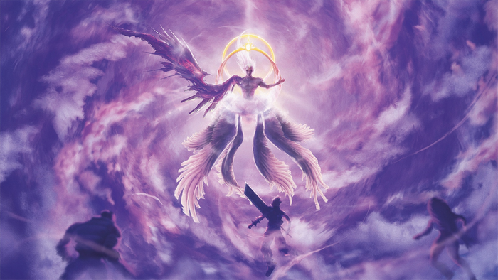 Cloud Strife fighting a divine being