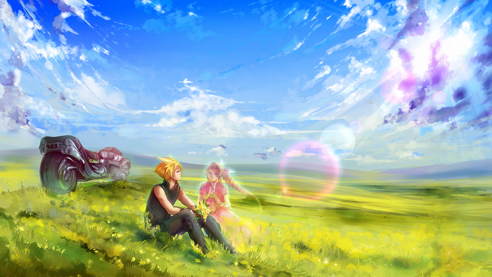 Cloud Strife and Aerith Gainsborough in a Field