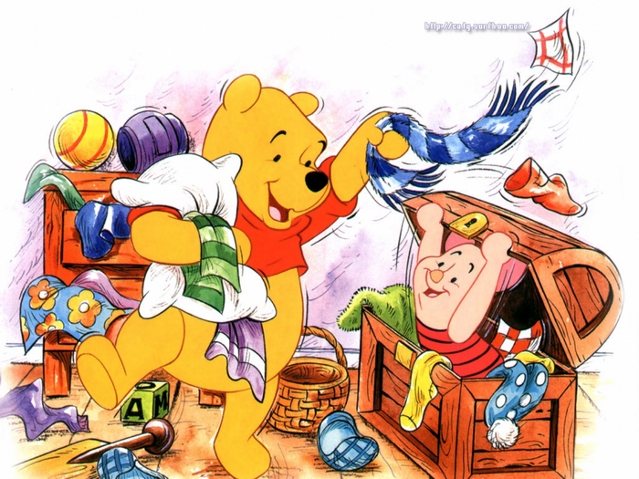 Winnie the Pooh and Piglet playing with toys