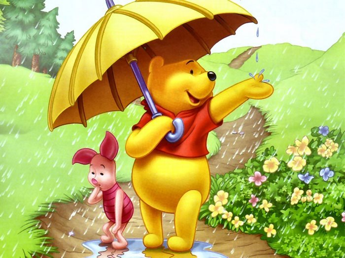 Winnie the Pooh and Piglet under an umbrella in the rain