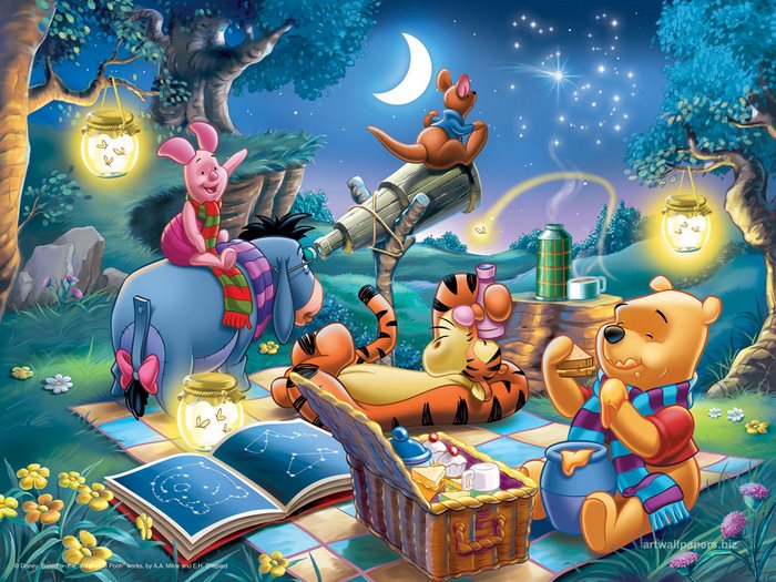 Winnie the Pooh characters stargazing at night