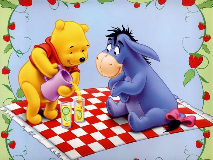 Winnie the Pooh and Eeyore having drinks