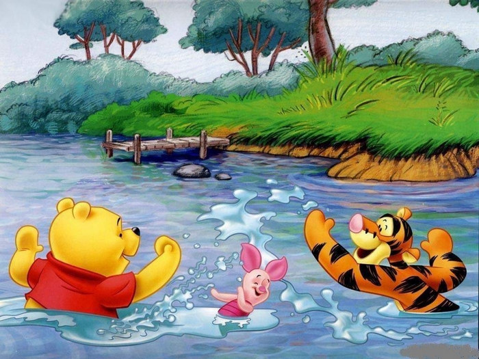 Winnie the Pooh and friends swimming