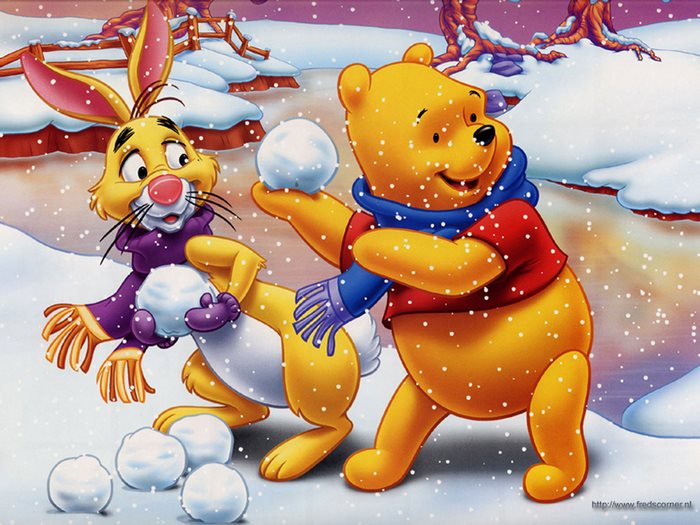 Winnie the Pooh and Rabbit playing in the snow