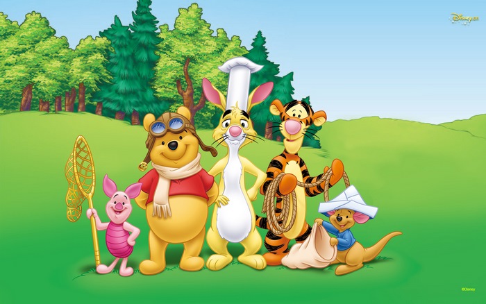 Winnie the Pooh and friends in a forest