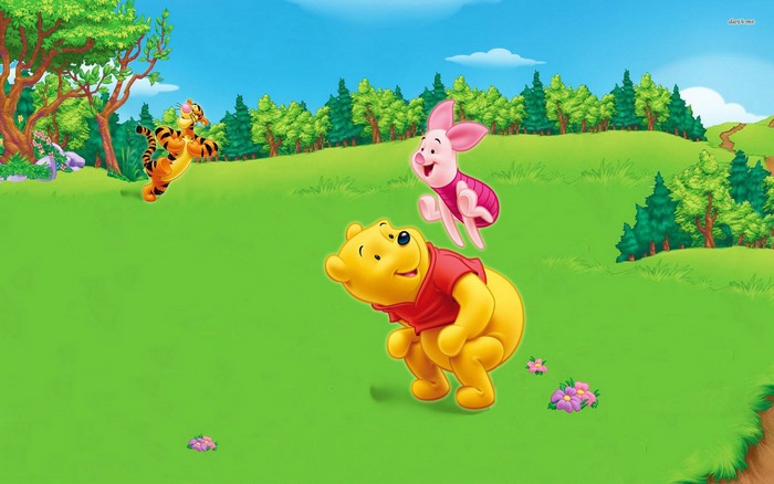 Winnie the Pooh, Tigger, and Piglet in a field