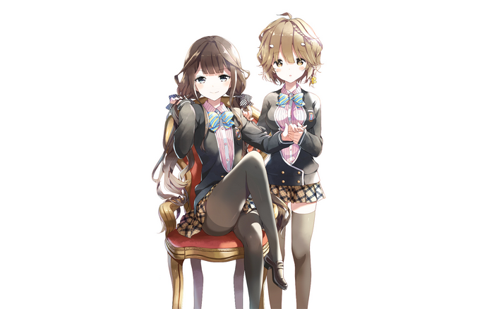 Aki Adagaki sitting on a chair and another girl standing