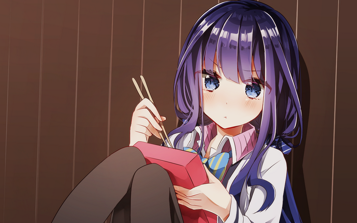 Aki Adagaki eating from a takeout box