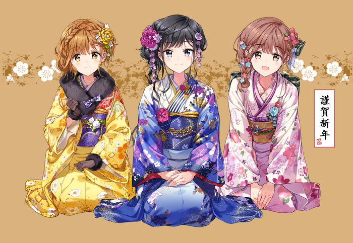 Three anime girls in kimonos