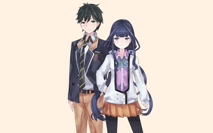 Aki Adagaki and male character in school uniforms