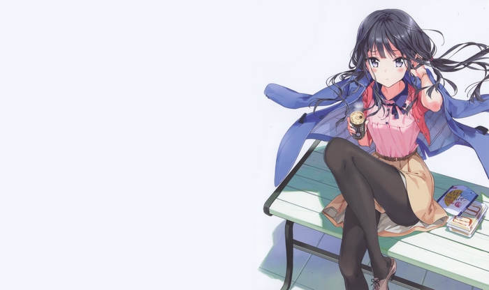 Aki Adagaki sitting on a bench with a drink