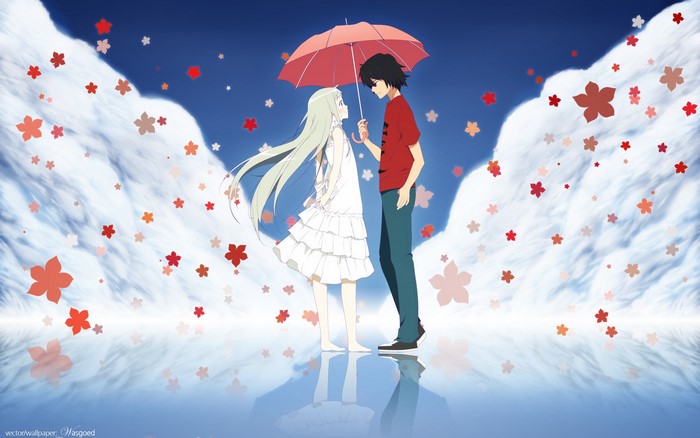 Menma and Jinta under an umbrella