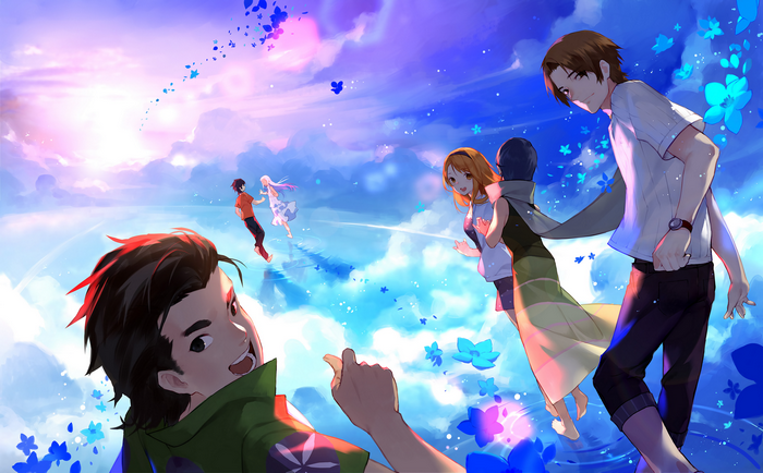 Anime characters in a surreal sky with clouds and flowers