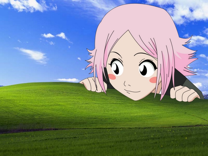 Yachiru Kusajishi from Bleach peeking over a grassy hill