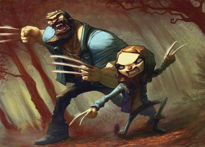 Wolverine and X-23 in a forest