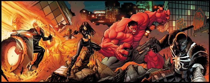 Ghost Rider, X-23, Red Hulk, and Venom in a City