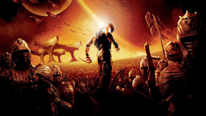 Riddick standing before an army