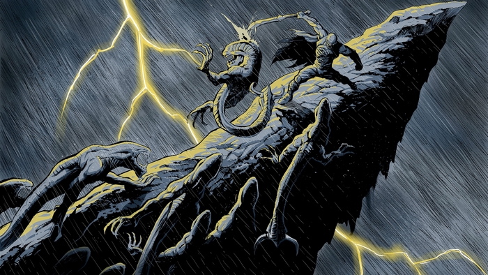 Riddick fighting creatures during a lightning storm