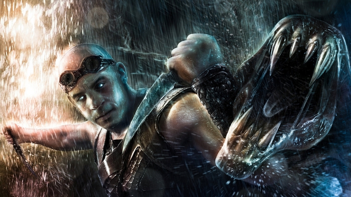 Riddick fighting a creature in the rain