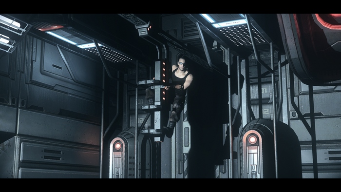 Riddick in a futuristic industrial setting
