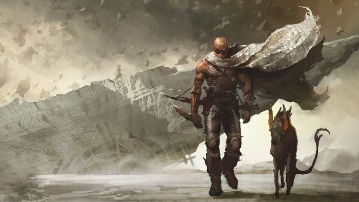 Riddick with a creature in a desolate landscape