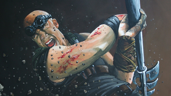 Riddick with goggles and weapon