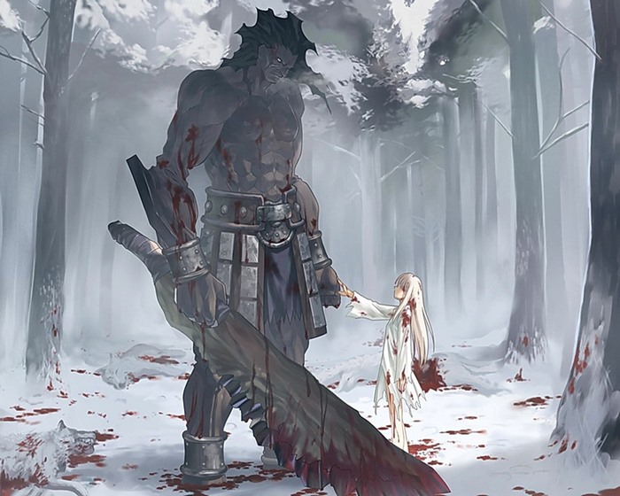 Illyasviel von Einzbern with a giant in a snowy forest