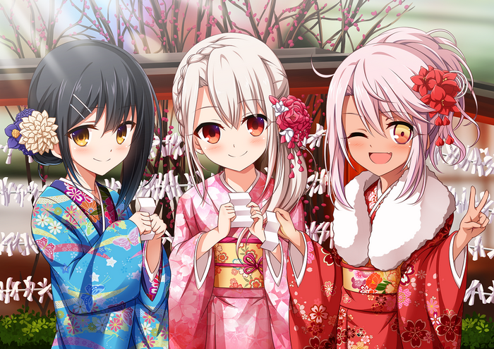 Three girls in kimonos at a shrine