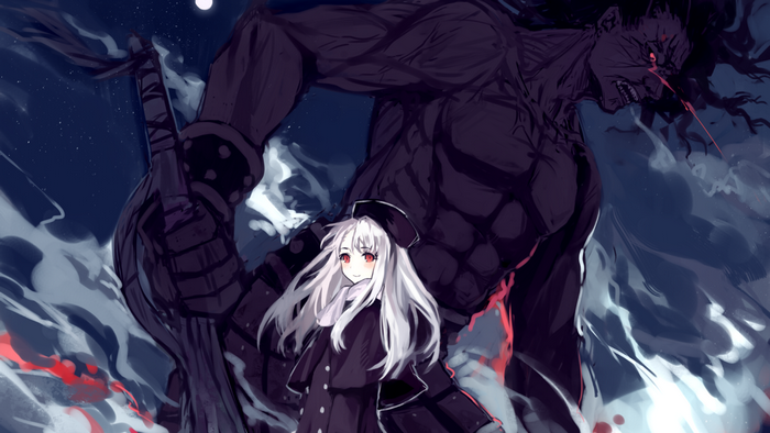 Illyasviel Von Einzbern and a giant monster