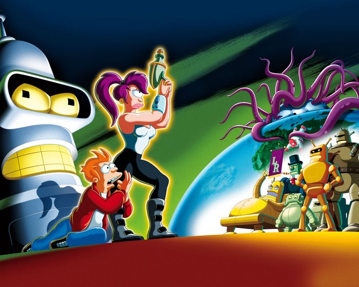 Futurama characters fighting a space monster