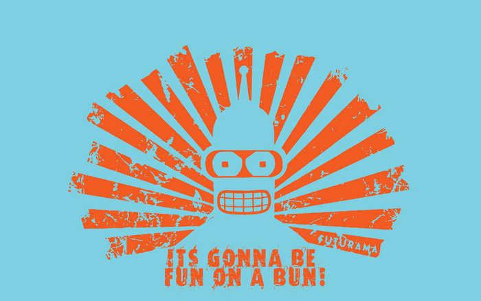Bender from Futurama with sunburst and text