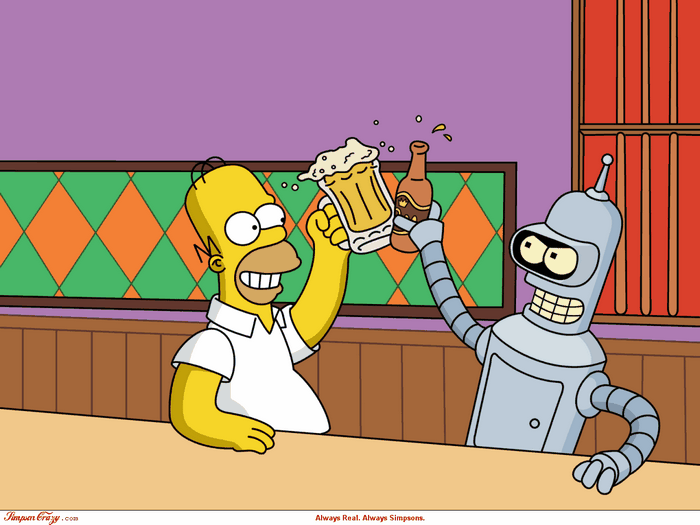 Homer Simpson and Bender from Futurama toasting beers