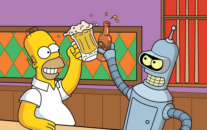 Homer Simpson and Bender from Futurama toasting with drinks