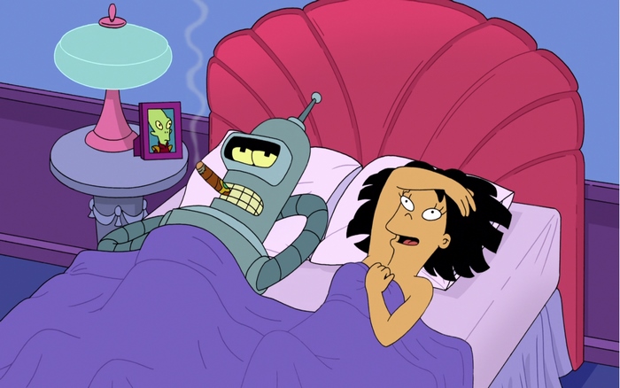 Bender and an alien woman in bed